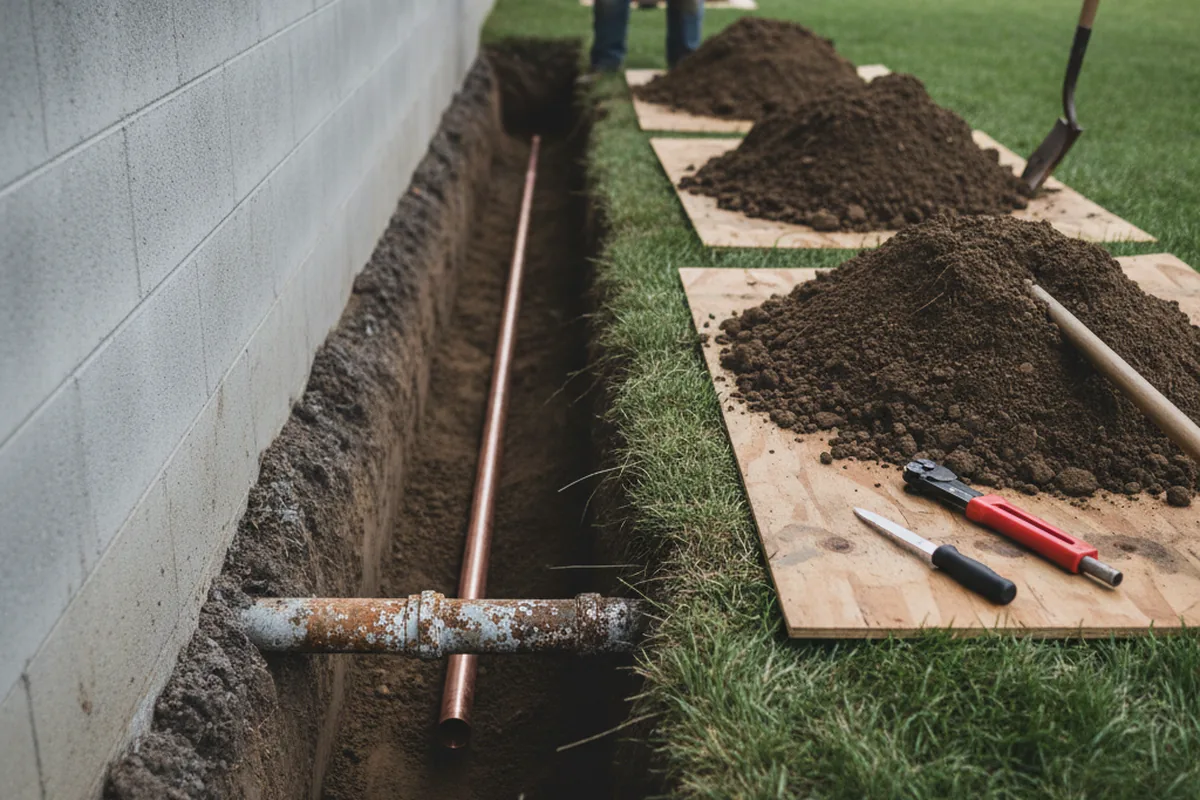 Excavated water line trench during Water Softener Installation in Shoreham